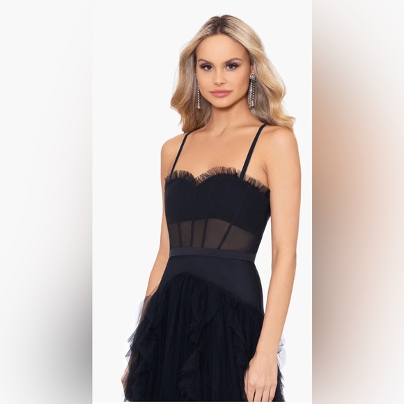 NWT Betsy & Adam Corset Ruffle Illusion Tulle Gown Black 8 - Picture 2 of 8